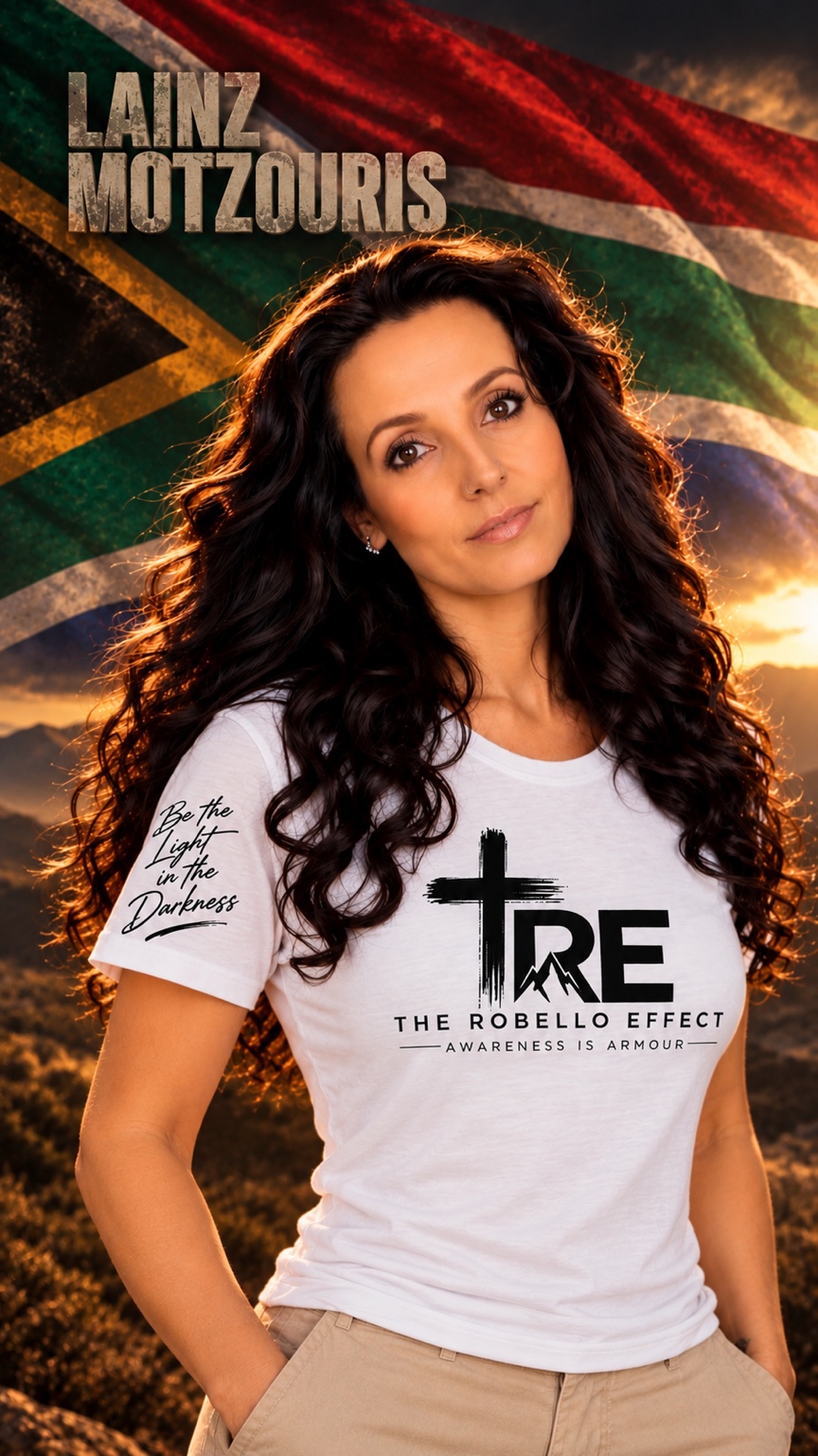 Lainz Motzouris, Co-Founder and Creative Managing Director of The Robello Effect, in a white TRE shirt before the South African flag