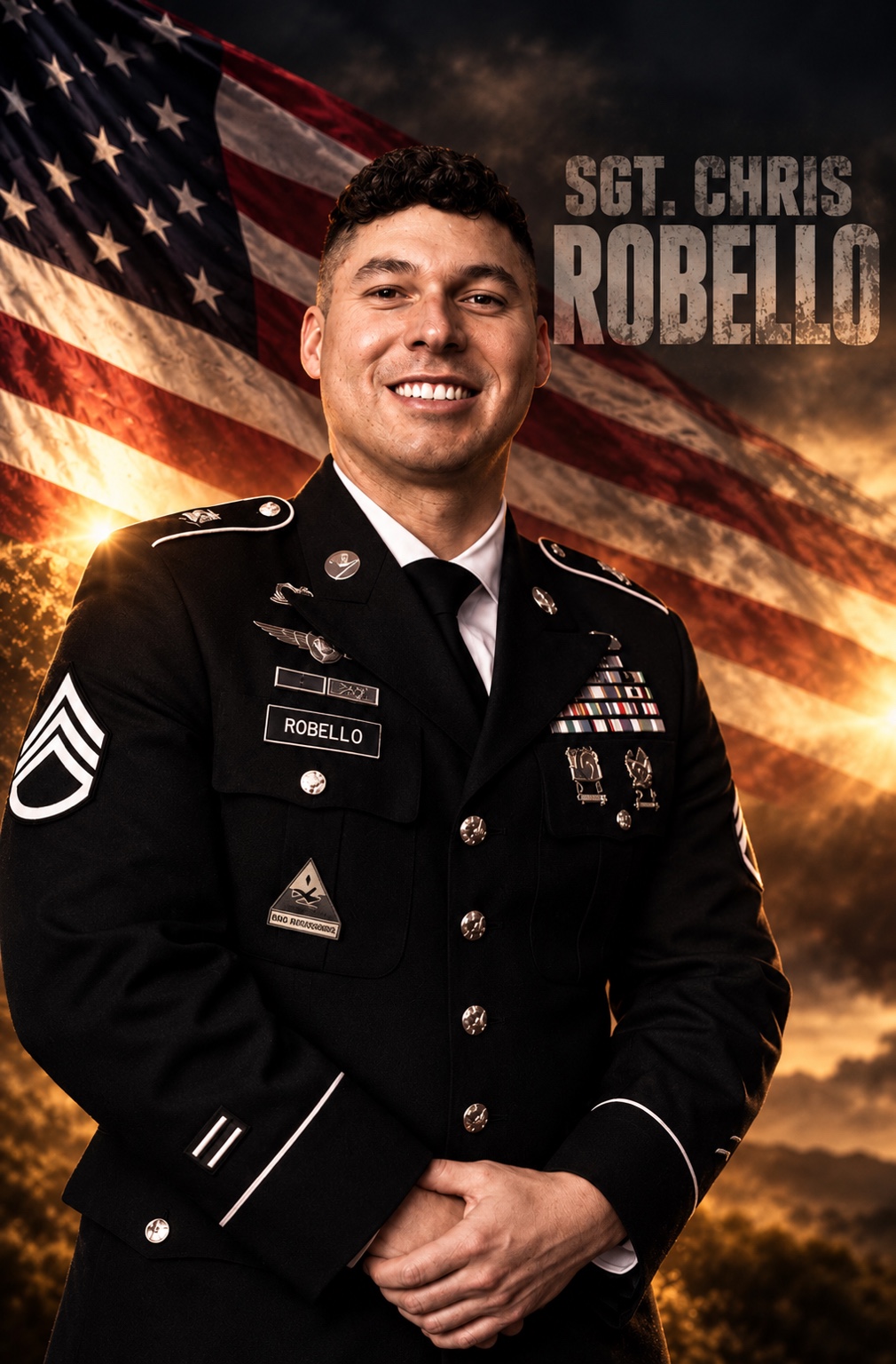 Sgt. Chris Robello, Co-Founder and CEO of The Robello Effect, in U.S. Army dress uniform before the U.S. flag