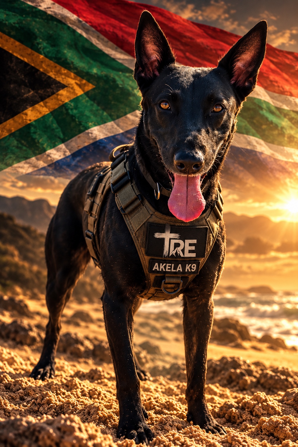 Akela, TRE's ROAR Ambassador Girl and retired anti-poaching K9, a black Dutch Shepherd in a TRE harness before the South African flag
